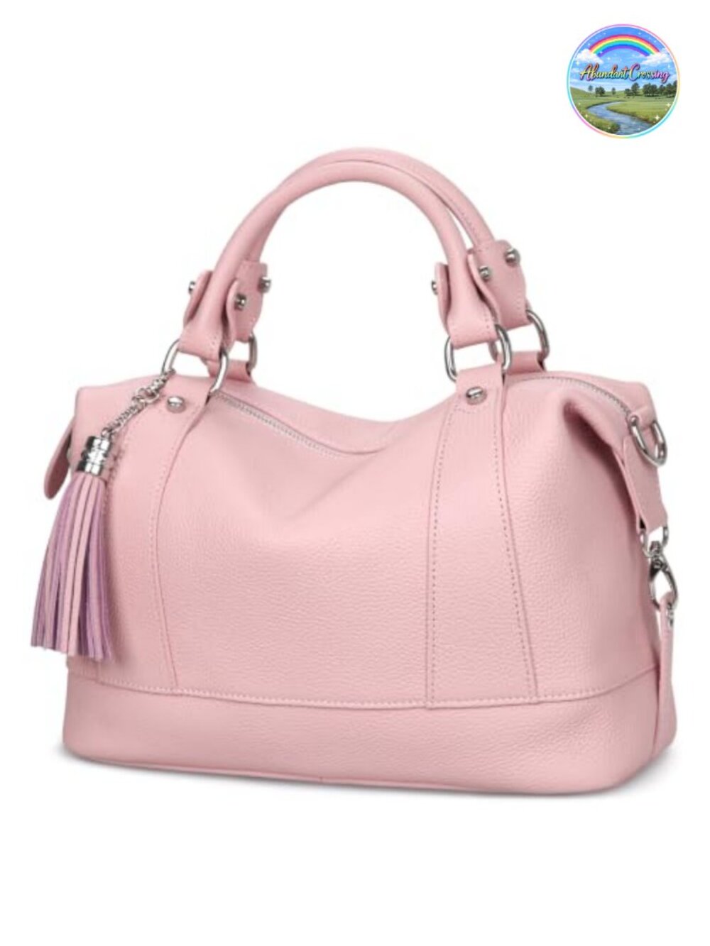 Genuine Leather Satchel Tote Handbag with Tassel Detail